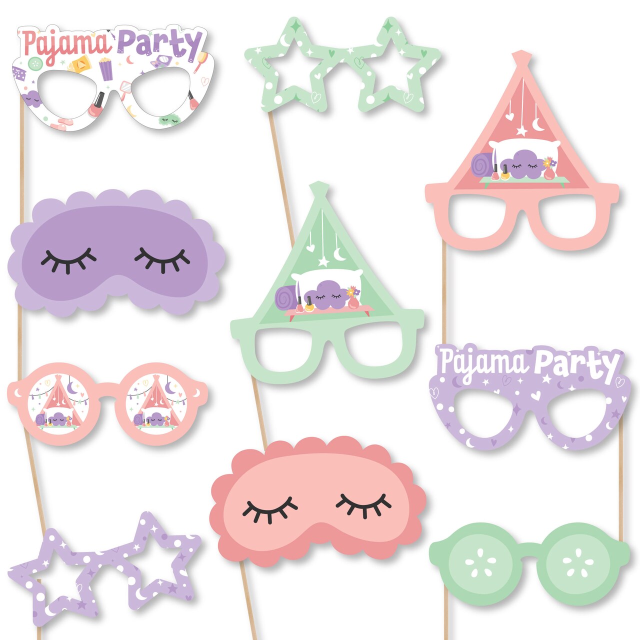 Big Dot of Happiness Pajama Slumber Party Glasses and Masks - Paper Card Stock Girls Sleepover Birthday Party Photo Booth Props Kit - 10 Count